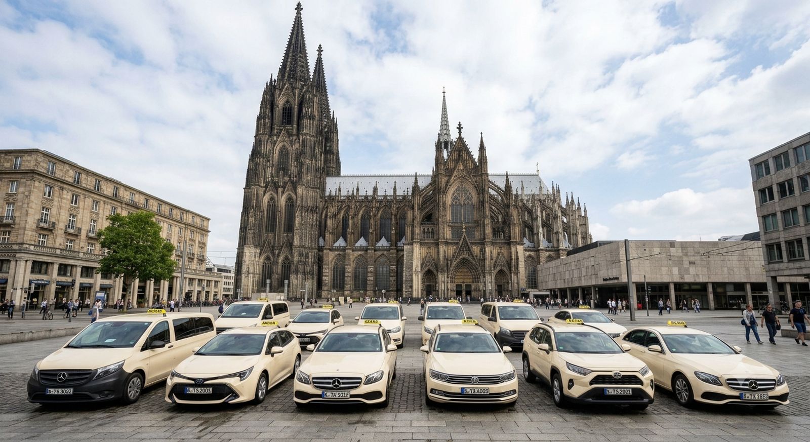 Ein Teil der ColexTaxi-Flotte vor dem Kölner Dom